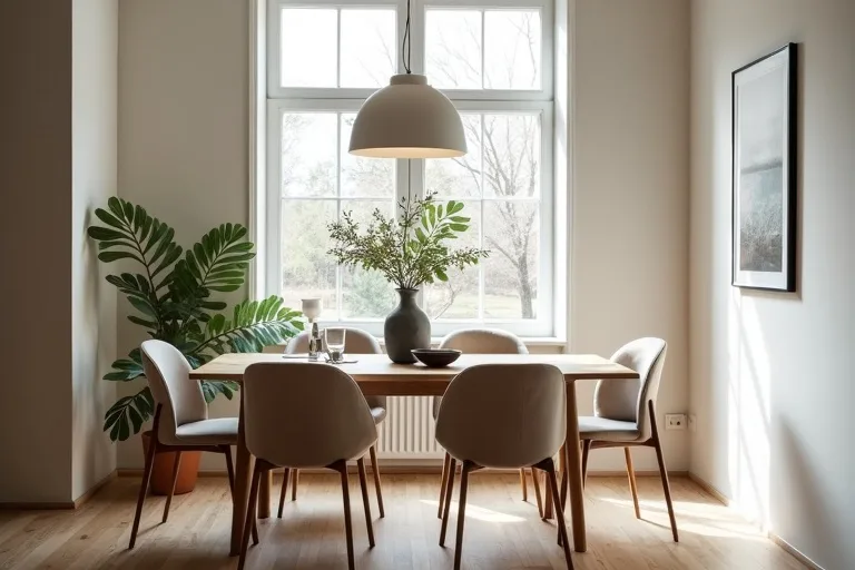 Upholstered dining chairs arranged around a small wooden table in a practical home