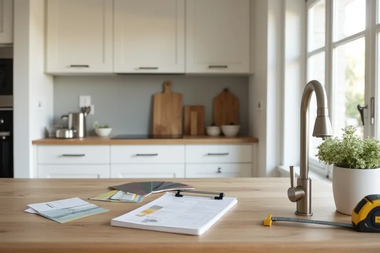 A neutral home project scene with a checklist, sample finishes, and hardware laid out to compare update options before spending.