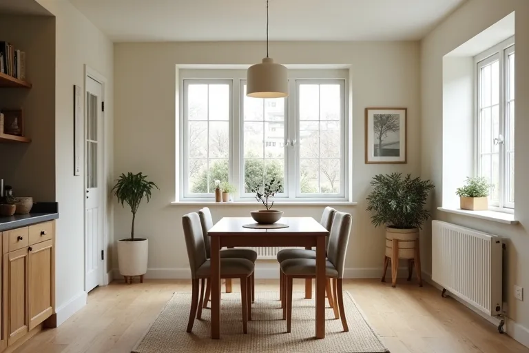 A practical dining area layout showing a wooden table with clear walkways around it.