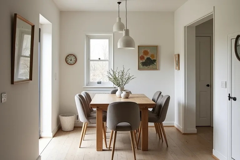 A practical dining area with clear walking space around the table and an easy path through the room.