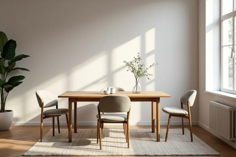 A small dining room with a wooden table and upholstered chairs styled in a calm, practical home setting