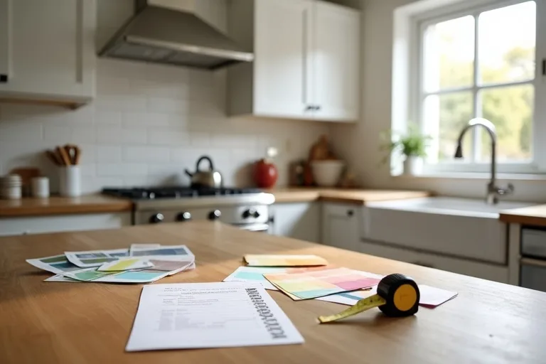 A calm kitchen planning scene with a checklist, paint swatches, a tape measure, and sample hardware before a remodel decision.