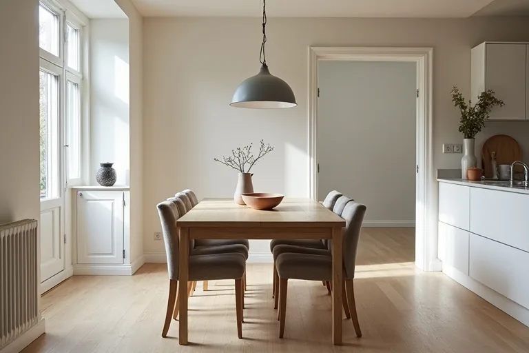 A tidy dining zone with clear circulation, showing how the table and surrounding space work together.