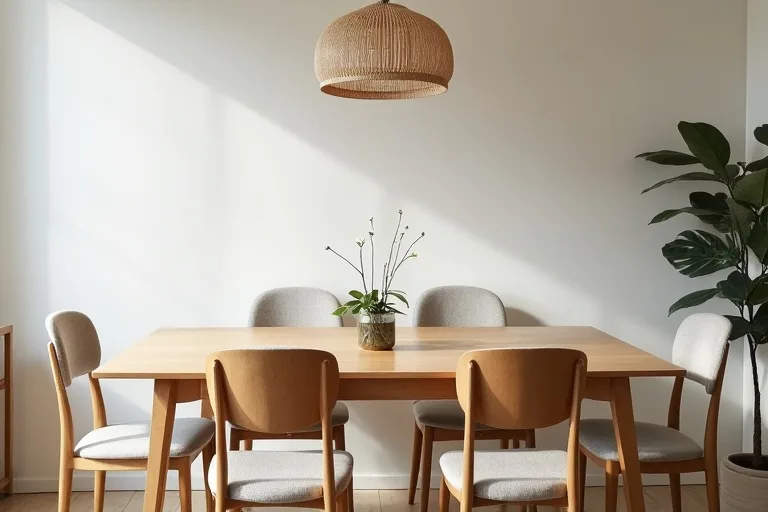 A small dining room with an extendable table and upholstered chairs designed for flexible everyday use