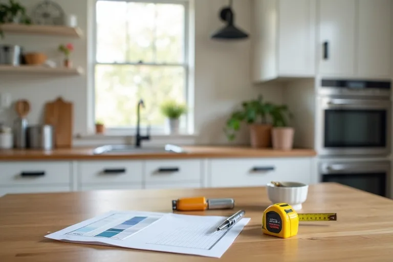 A lived-in room planning scene with swatches, a measuring tape, and cabinet hardware samples arranged for renovation decisions.