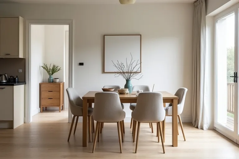 A calm dining setting with a table shape that fits the room and leaves usable circulation space around it.