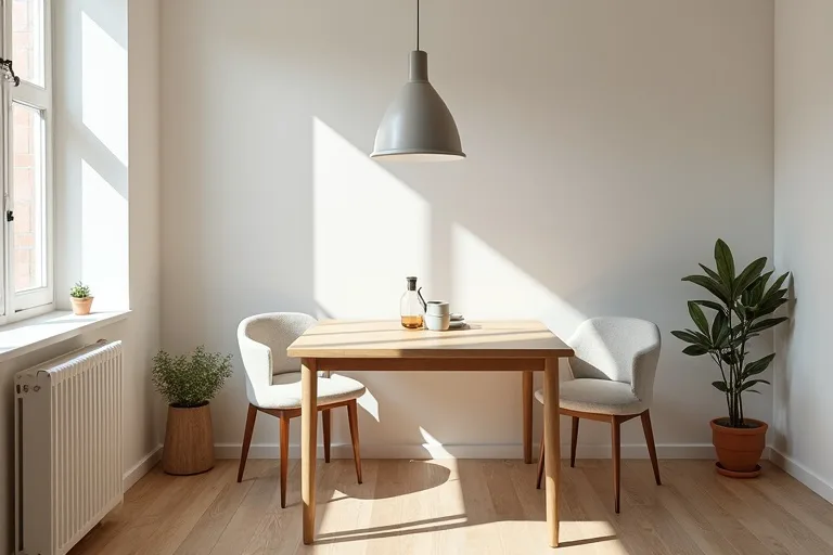 A calm dining area showing practical walking space around a simple table