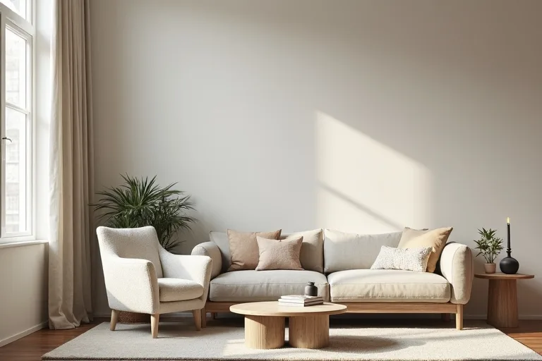 A modern living room detail showing simple furniture shapes and calm neutral styling.