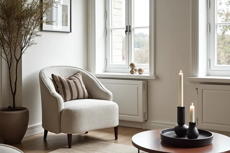 Modern living room with a boucle accent chair and modern candle holders on a simple table