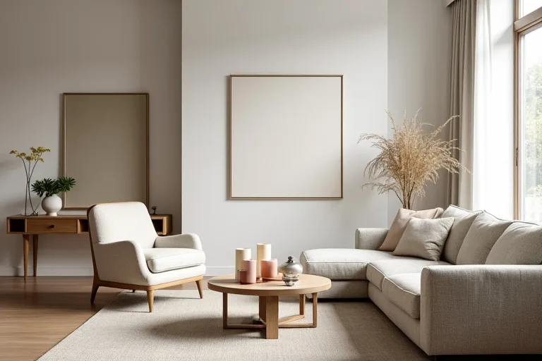 A modern bedroom-style seating area with clean lines, neutral tones, and a simple practical arrangement