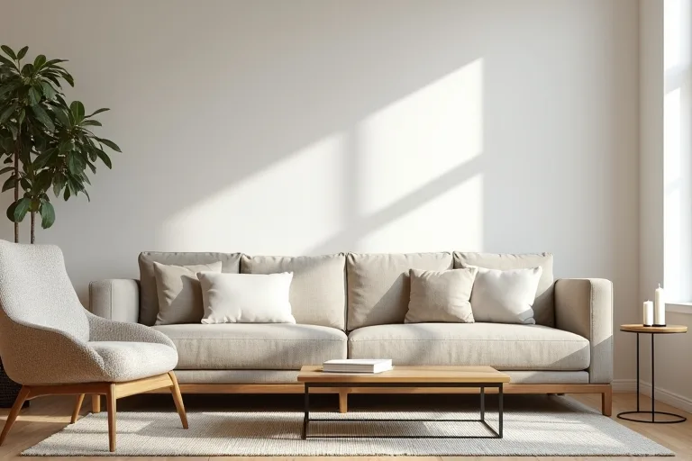 A modern living room layout with clean lines, warm walls, and a simple seating arrangement