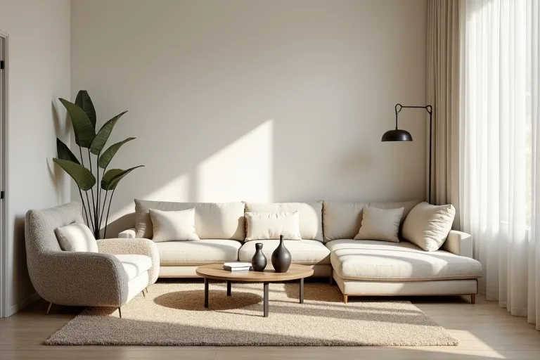 A softly styled modern corner with a boucle chair and balanced natural light.