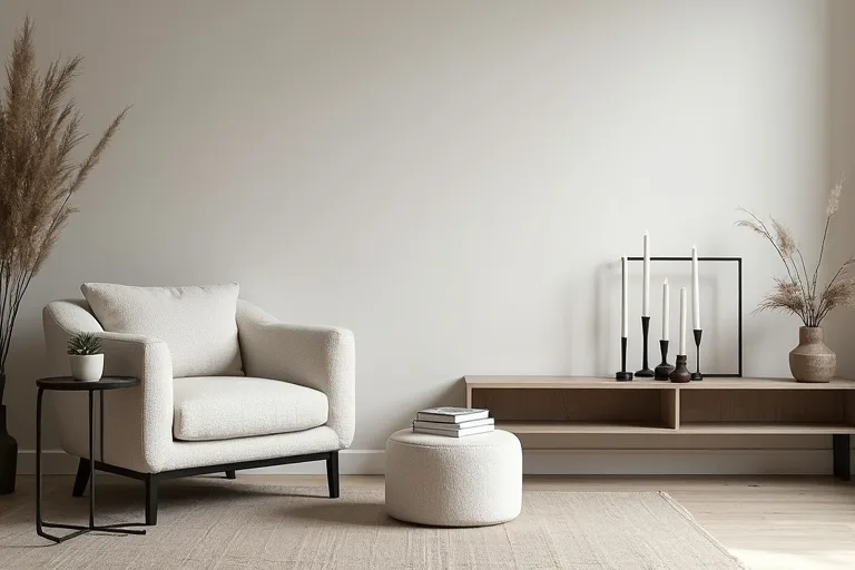 Modern living space showing clear furniture flow around a simple seating area