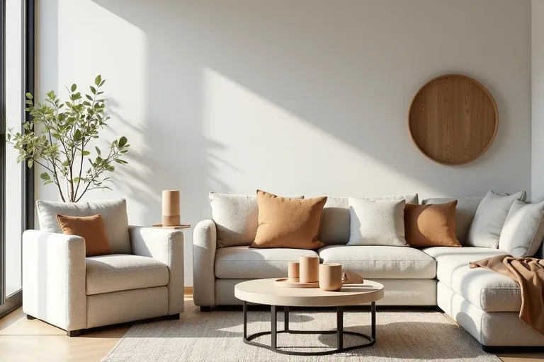 A modern room with layered textures, a soft chair, and simple furnishings that keep the space warm and practical
