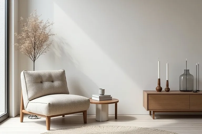 Calm modern room with a boucle chair and simple decor used as a practical planning reference
