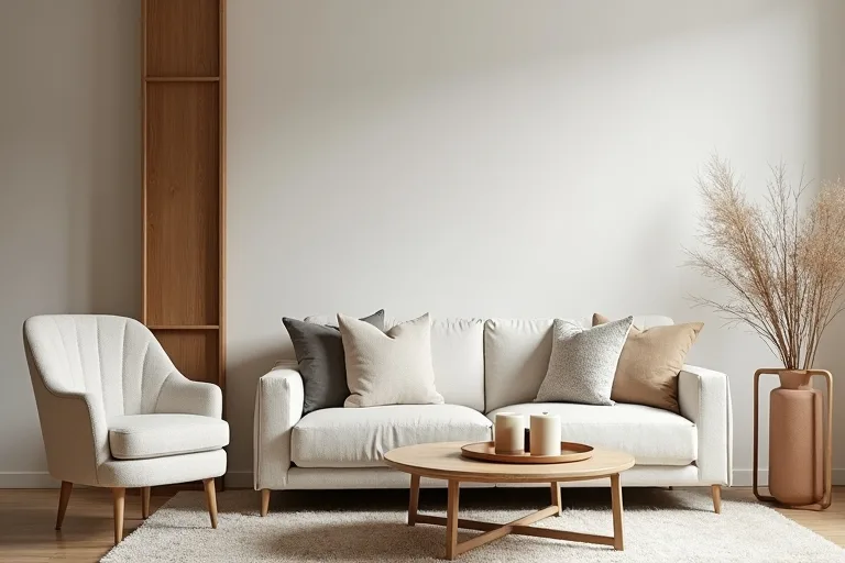 A modern living room with simple shapes, neutral finishes, and a boucle chair beside a clean sofa.