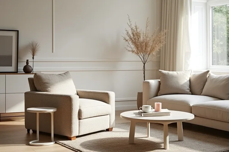 A clean modern seating area with simple lines and soft neutral styling.