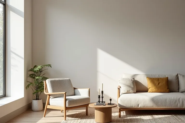 A clean modern seating area with balanced furniture placement and warm natural textures.