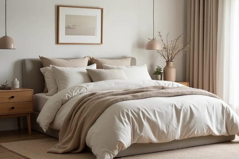 Bedroom window treatment with floor-length curtains and soft natural light