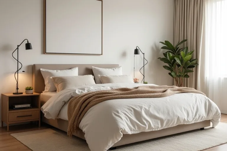 Balanced cozy bedroom with a neutral linen-look duvet cover and calm natural daylight