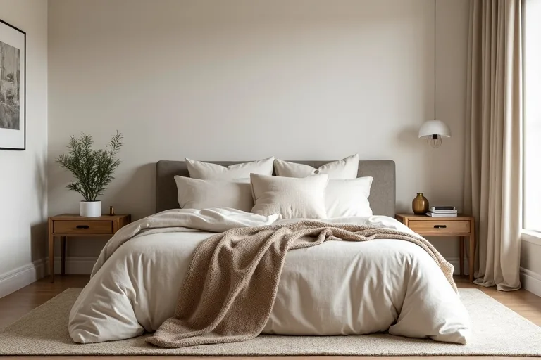 Cozy bedroom with soft layers and balanced furniture placement