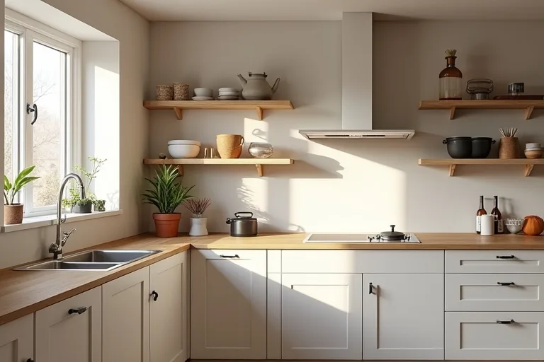 Neutral painted kitchen with simple cabinetry and a realistic everyday feel