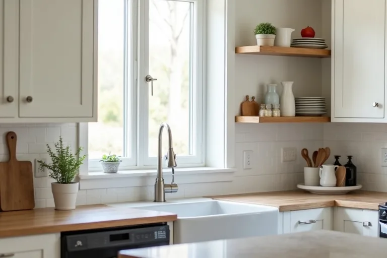 Budget-friendly kitchen finishes including a brushed nickel faucet and simple cabinet pulls