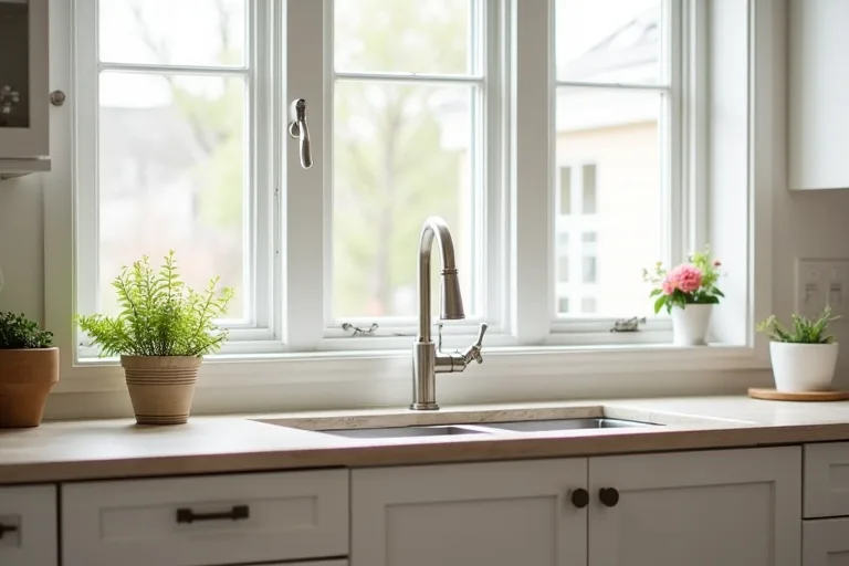 A practical kitchen with a brushed nickel pull-down faucet and simple budget-friendly updates