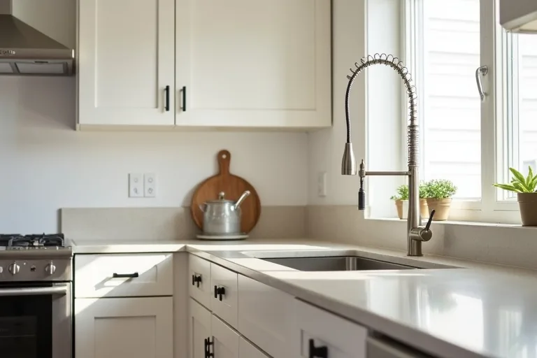 A lived-in kitchen showing a budget-friendly refresh with updated faucet and hardware