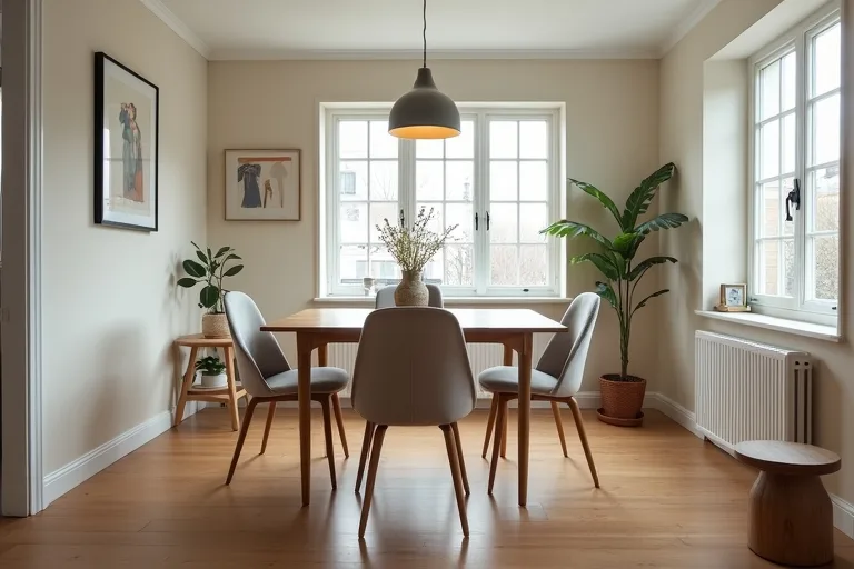 A modest dining room showing how limited spacing around the table can affect movement and comfort.