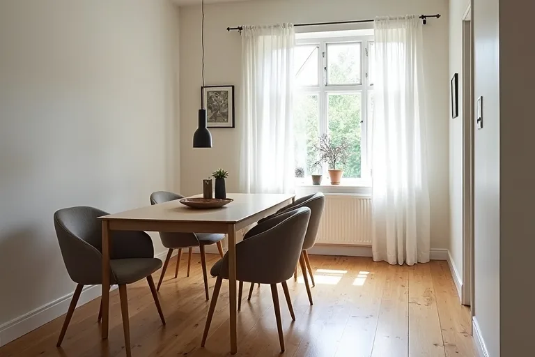 A realistic dining room with a table and chairs placed in a way that shows crowded spacing and limited walkway clearance.