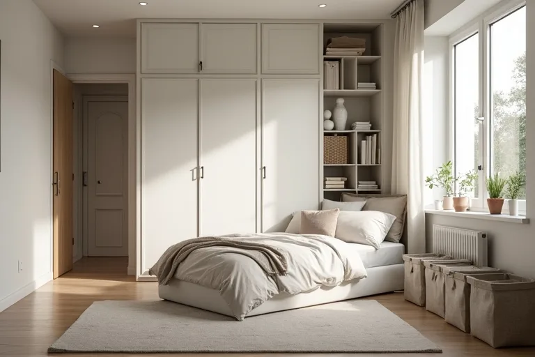 Calm small bedroom with simple storage and uncluttered surfaces to support easier movement.