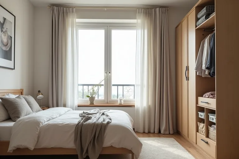 A compact bedroom layout with clear walking space and storage placed against one wall