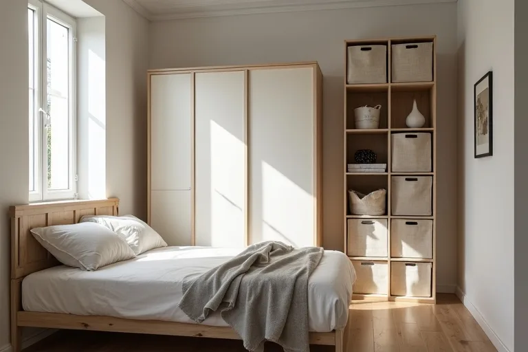 A compact bedroom using vertical storage and simple organizing bins without blocking the walkway