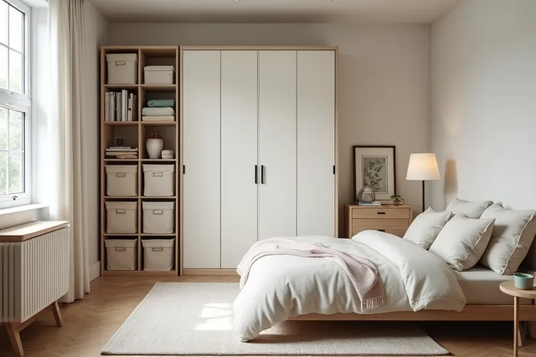 Small bedroom with a compact storage organizer and clear floor space, showing a practical layout that avoids clutter.