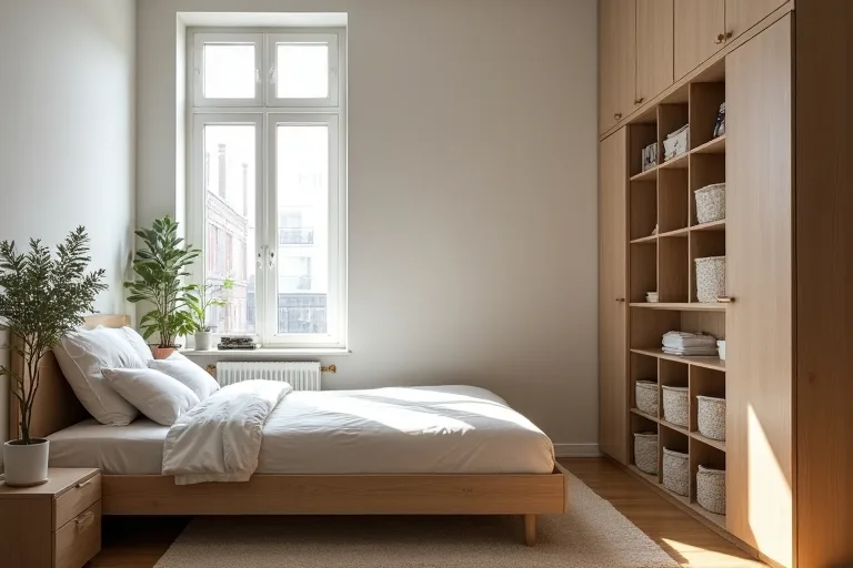 Fabric bins used in a cube organizer to keep small bedroom storage tidy