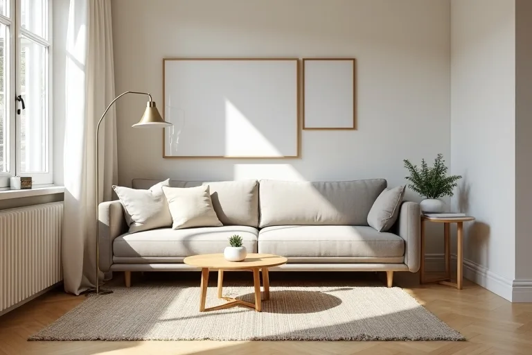 A small living room with a neutral rug, compact seating, and an arc floor lamp in a calm, practical layout.