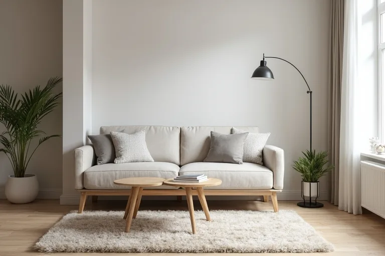 A compact small living room layout with simple seating, open circulation, and a neutral rug