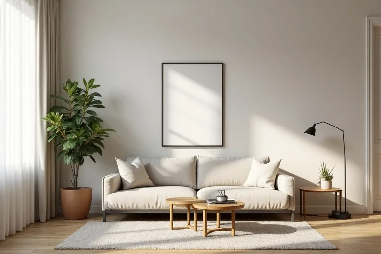 A small living room with compact furniture scaled to the room and open space around it.