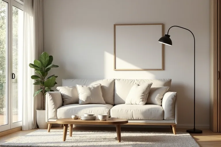 A compact living room layout with clear walking space around the seating area.