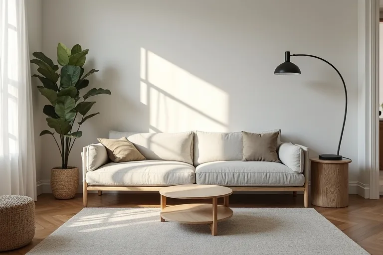 A small living room using a neutral area rug and simple lighting to create a more open feel