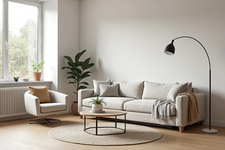 Neutral area rug anchoring a compact seating arrangement in a small living room