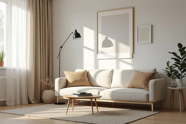 A small living room styled with simple lighting, light wood accents, and minimal visual clutter.