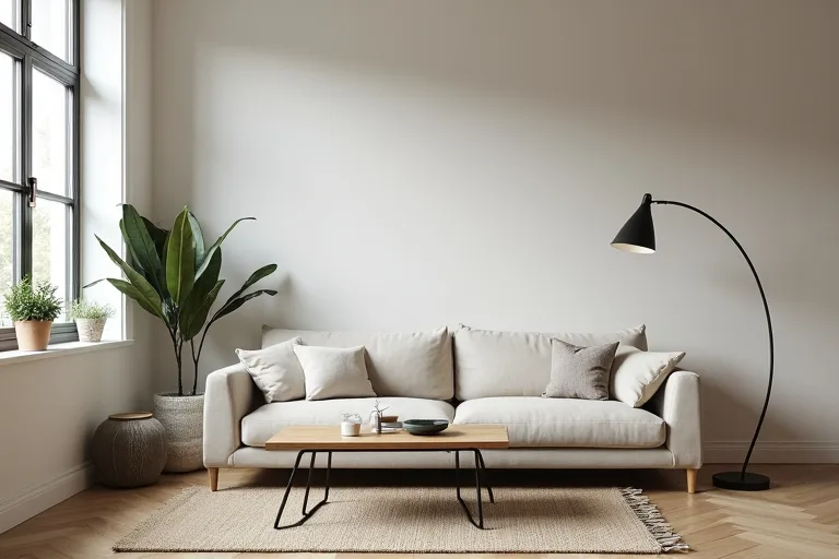 A calm small living room with a well-sized rug and an arc floor lamp supporting the seating area