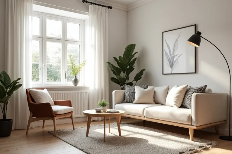 Small living room with layered ambient lighting and cozy evening feel