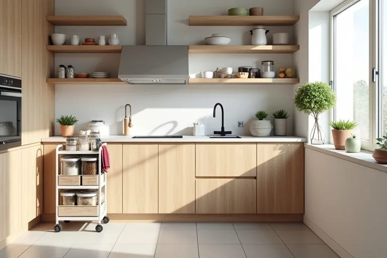 Small kitchen layout with open shelving and a narrow rolling cart used as extra prep space