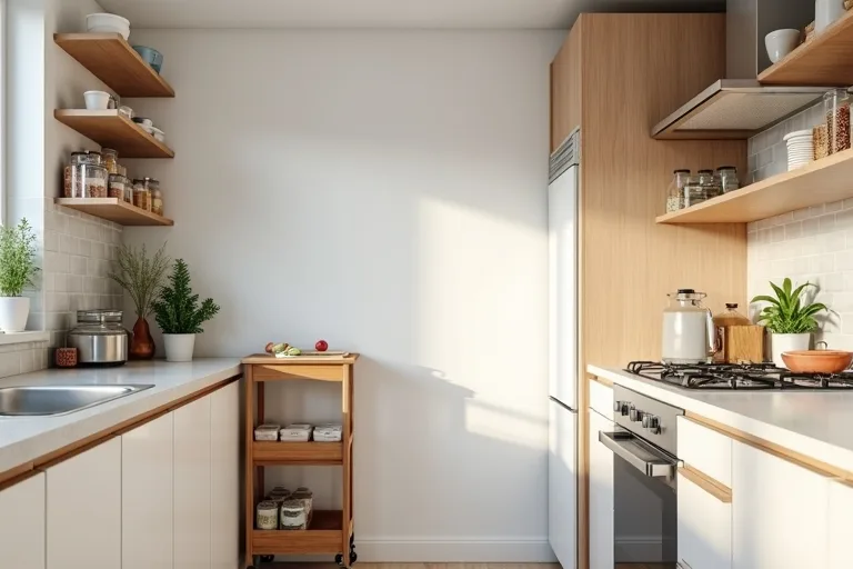 Compact kitchen counter with neatly arranged storage and a calm, uncluttered work surface