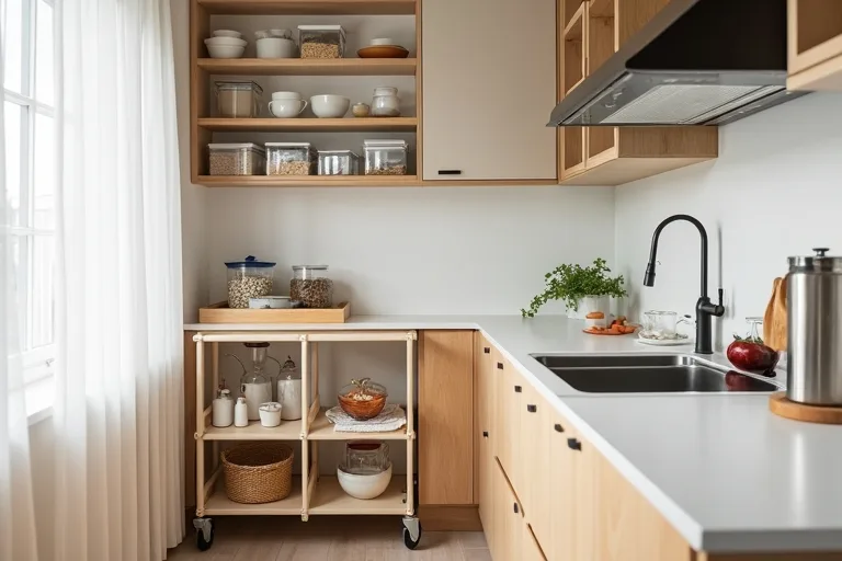 Small modern kitchen with smart storage and dining flow