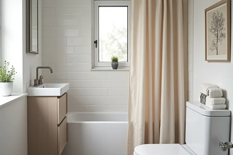 Small bathroom styling details with a simple mirror, soft towel, and neutral accessories