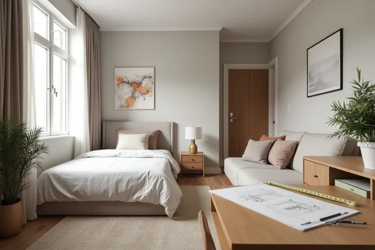 A compact studio apartment with measured walk paths and furniture placed to protect circulation.